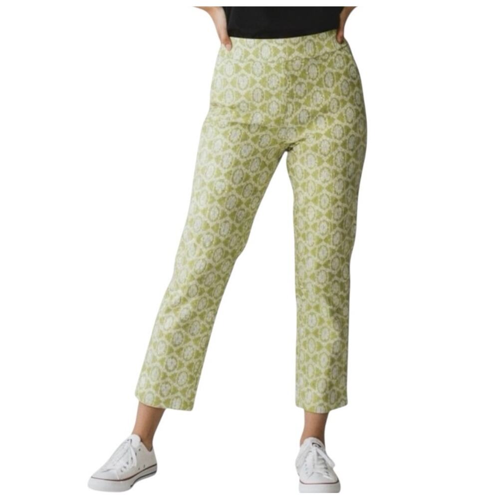 J. McLaughlin Slim Straight Pull On Cropped Pants Citron Green Leaf Print Size 0